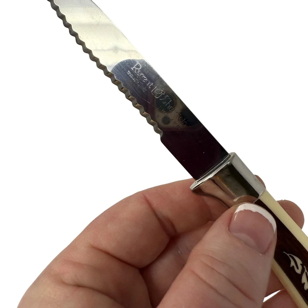 6 VTG Steak Knives REF6 Regent Sheffield Stainless Woodgrain Design Cream Accent